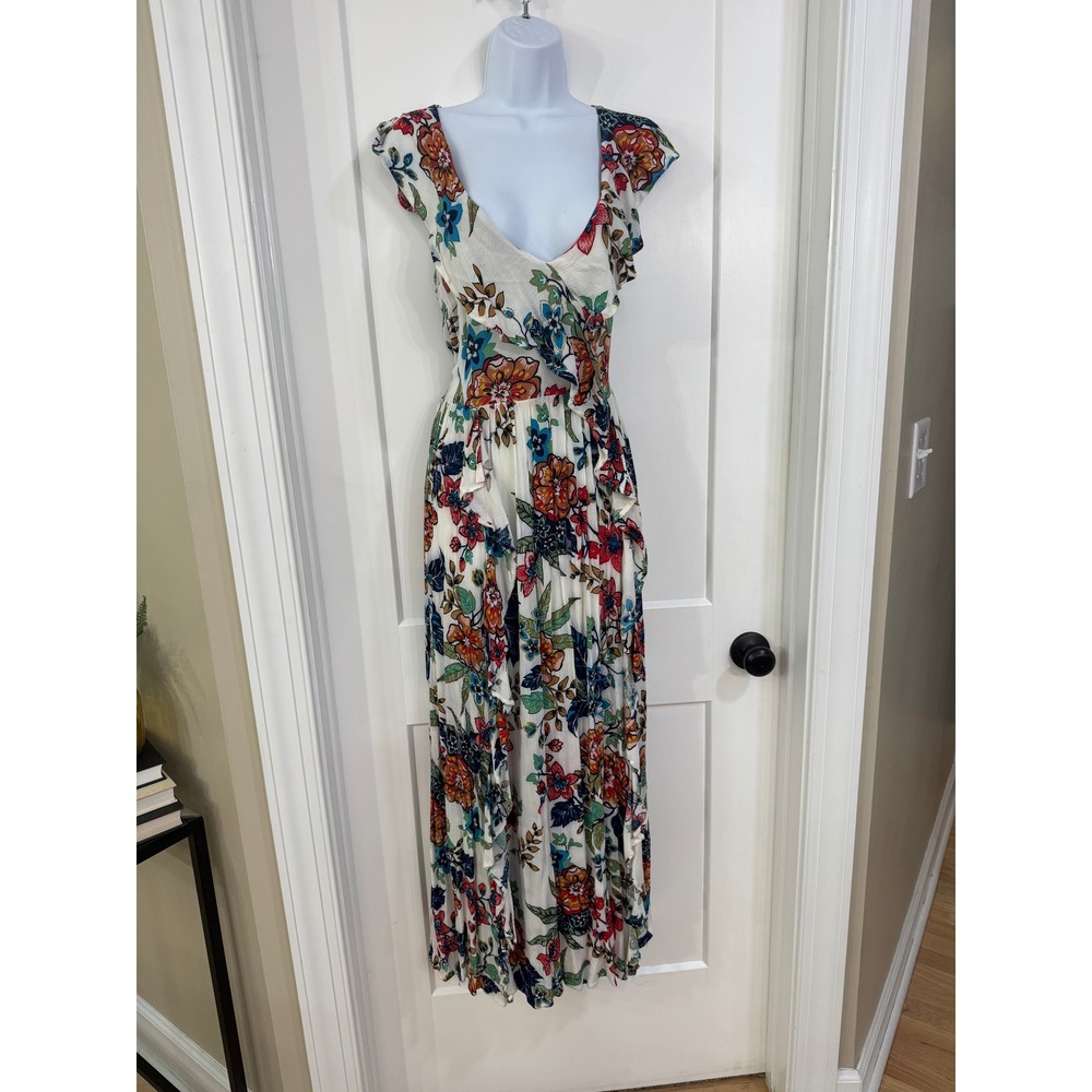Nana Macs Floral Ruffle Maxi Dress White Orange Blue V-Neck Flutter Sleeve Small